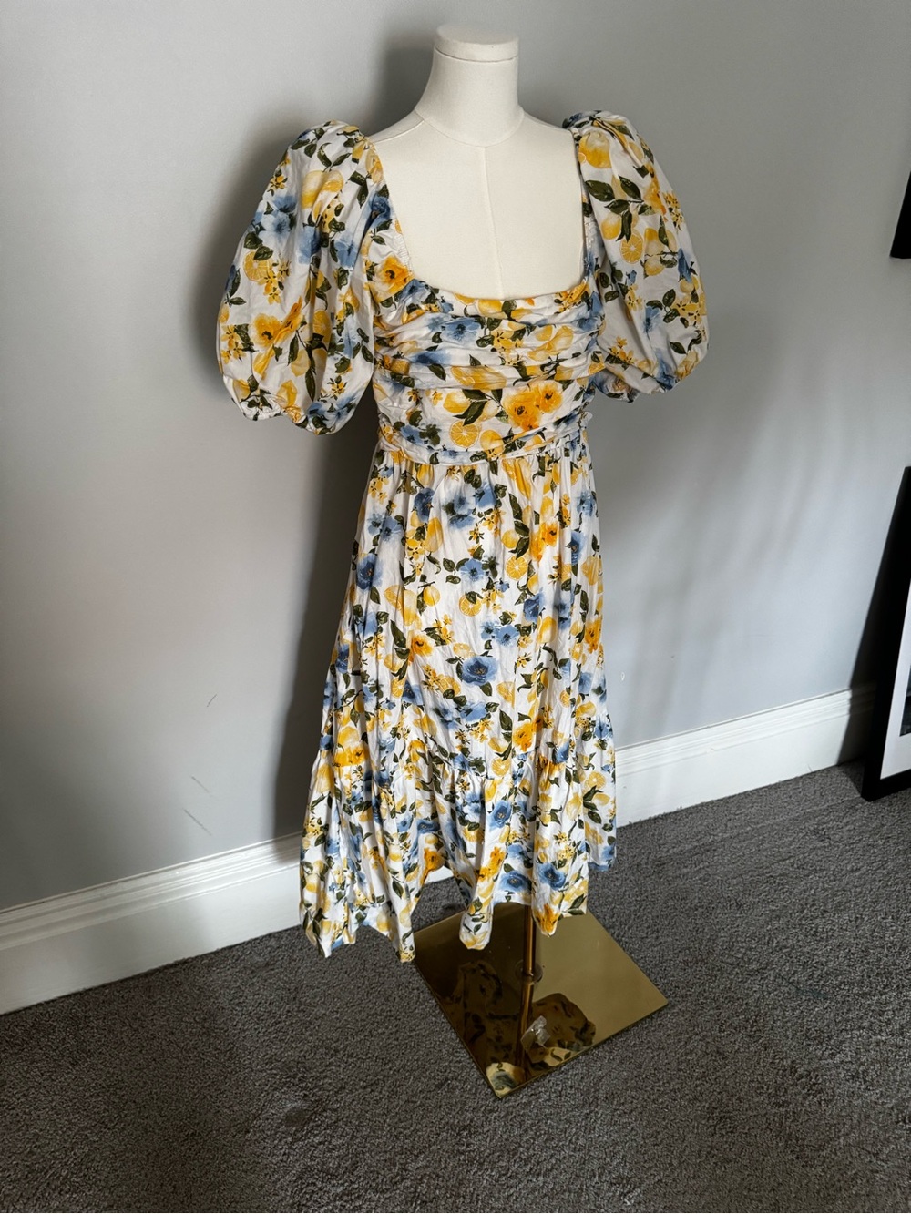 Francesca's Collections Yellow & Blue Floral Puff-Sleeve Midi Dress